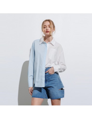 Oversized Colour Block Button Down Shirt (Blue) soldes