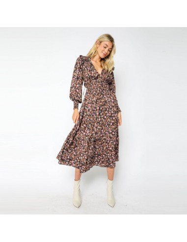 Ruffled Floral Midi Dress (Brown) Vous souhaitez 