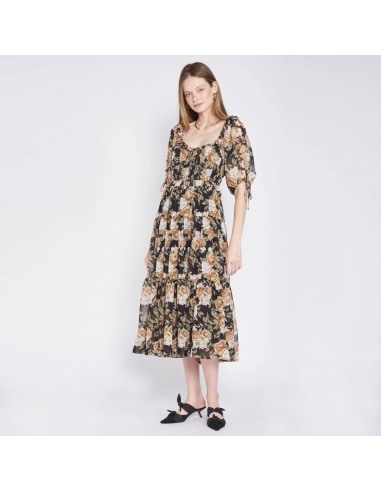 Floral Print Tiered Midi Dress (Black) basket pas cher