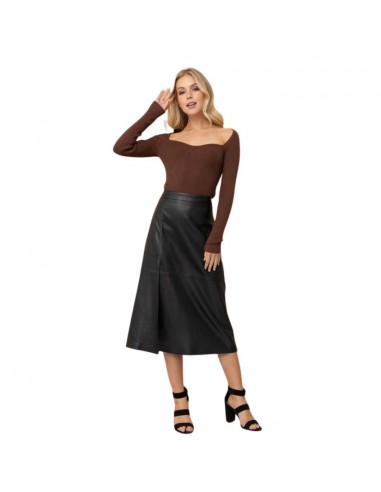 Faux Leather Side Slit Line Midi Skirt (Black) s'inspire de l'anatomie humaine